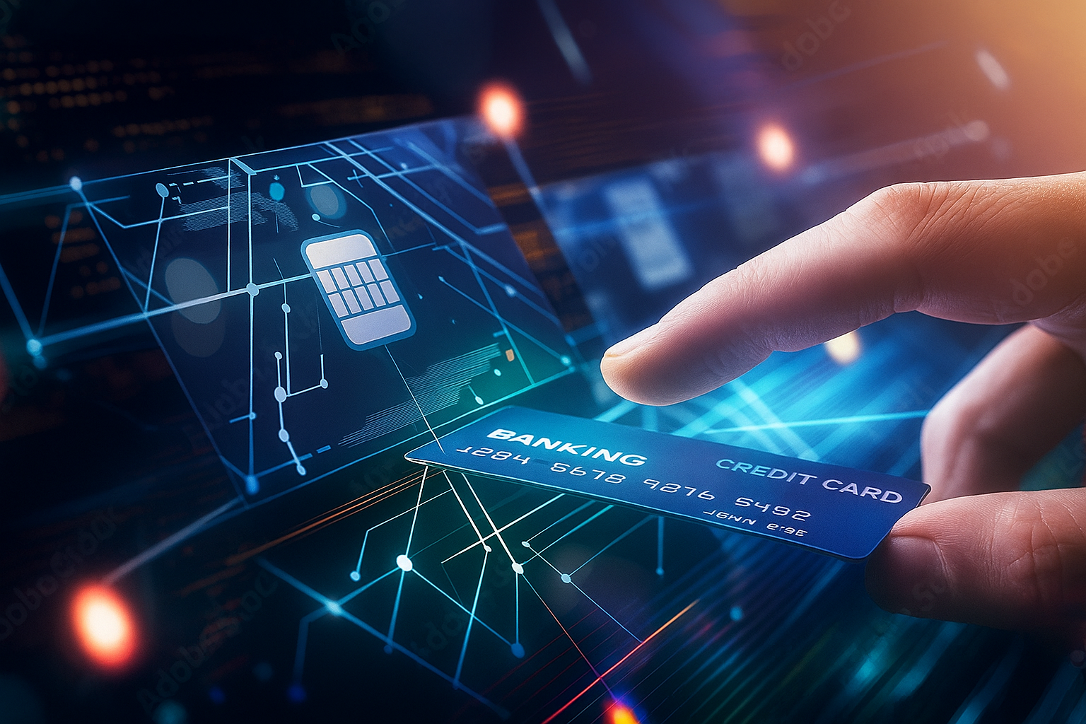 Modern digital technology interface with secure payment systems and connectivity